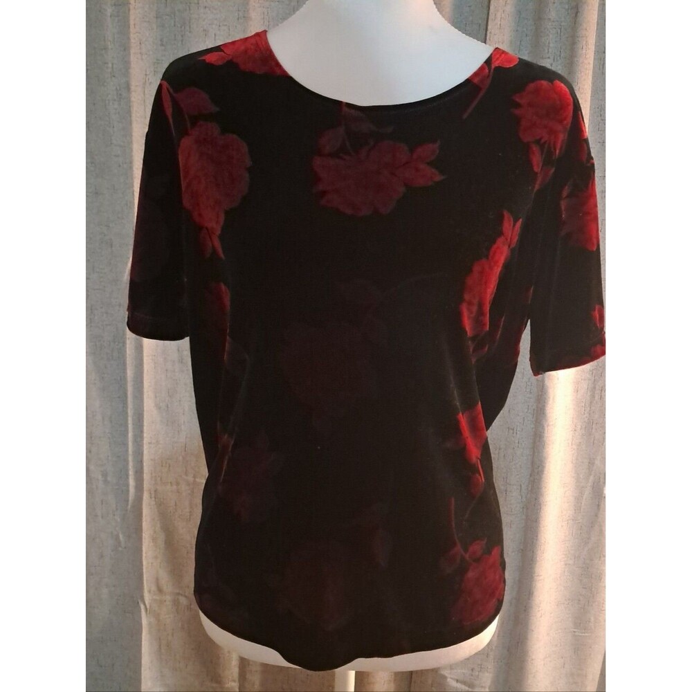 Vtg Y2k Velvet Top Large L Black Red Grunge Emo Whimsigoth Romantic Floral